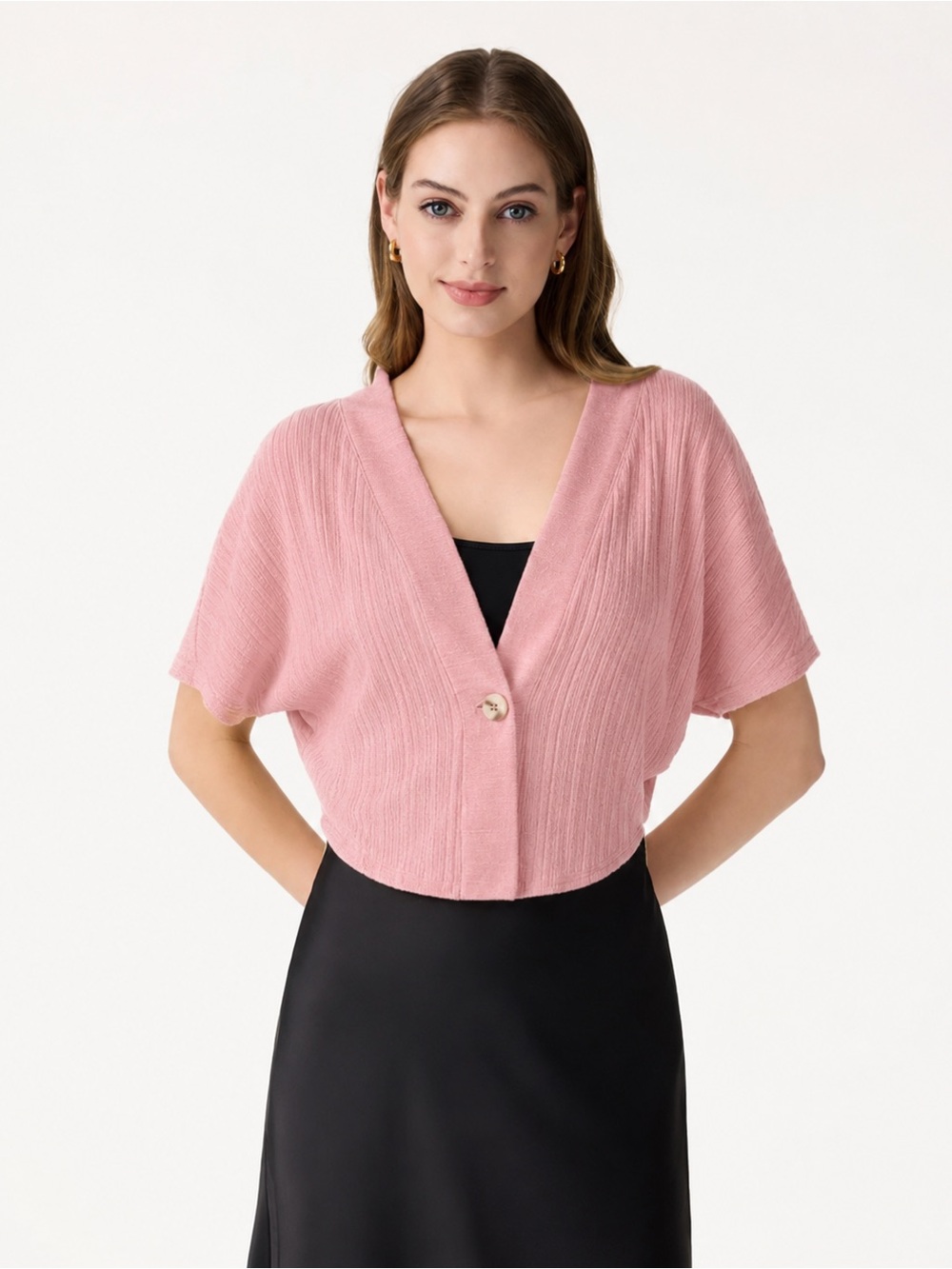 NWT OGL Pointelle Cropped One Button Pink V-Neck Short Sleeve Cardigan Sweater L